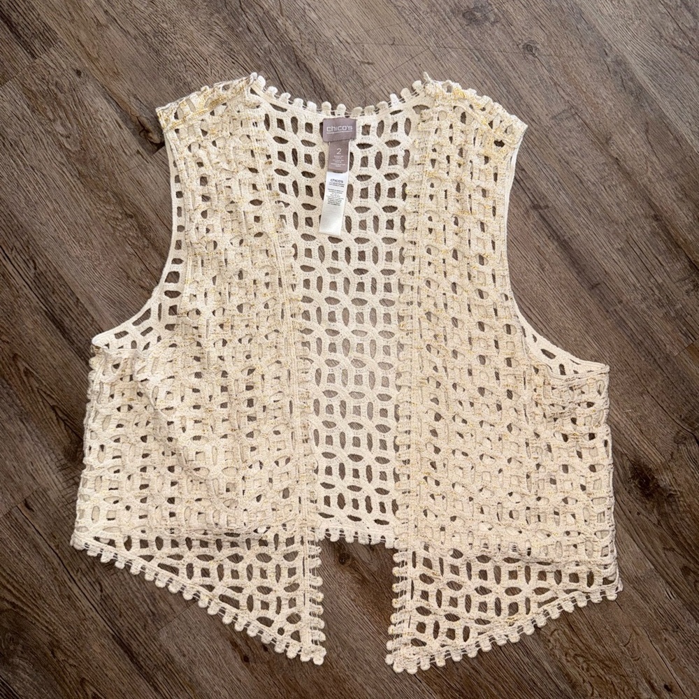 Chico’s • Open Crochet Metallic Vest - Picture 3 of 9